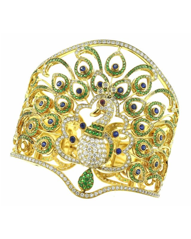 18k Tsavorite, Diamond and Blue Sapphire Peacock Bracelet